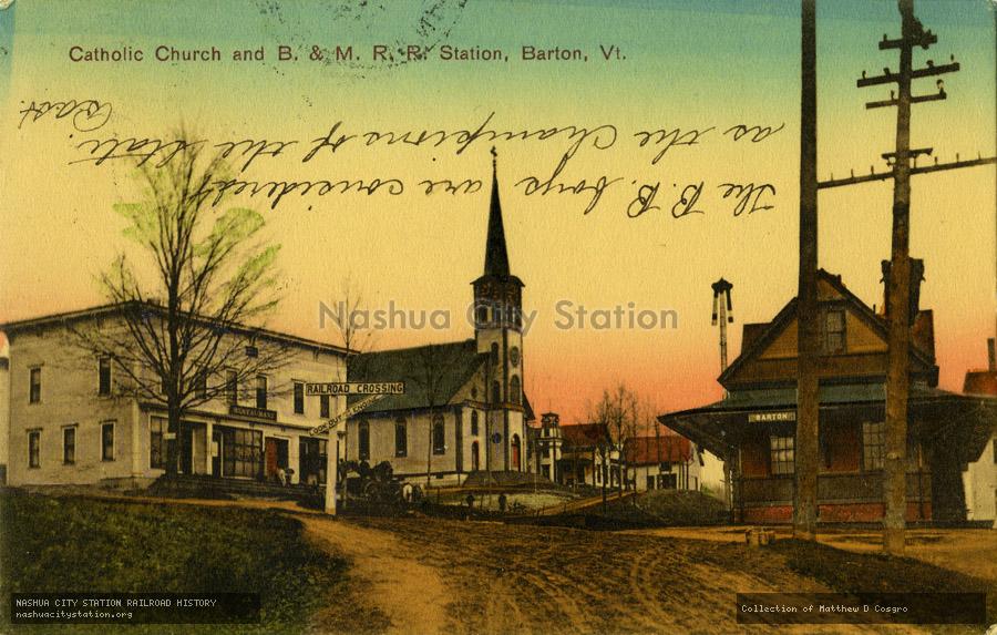 Postcard: Catholic Church and Boston & Maine Railroad Station, Barton, Vermont
